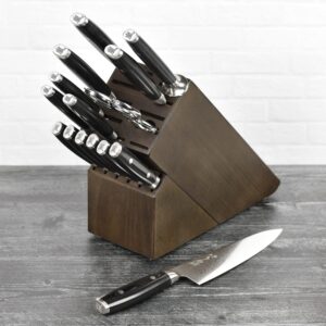 Yaxell Ran Plus 16 Piece Knife Set - Made in Japan - 69 Layers VG10 Damascus, Dark Ash Block