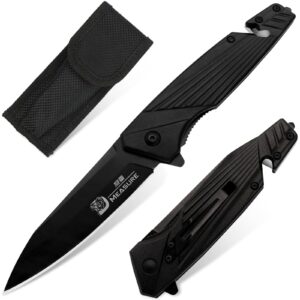 carimee pocket knife, multi-functional folding knife with glass breaker, rope cutter, black color multitool outdoor gifts for men and women.