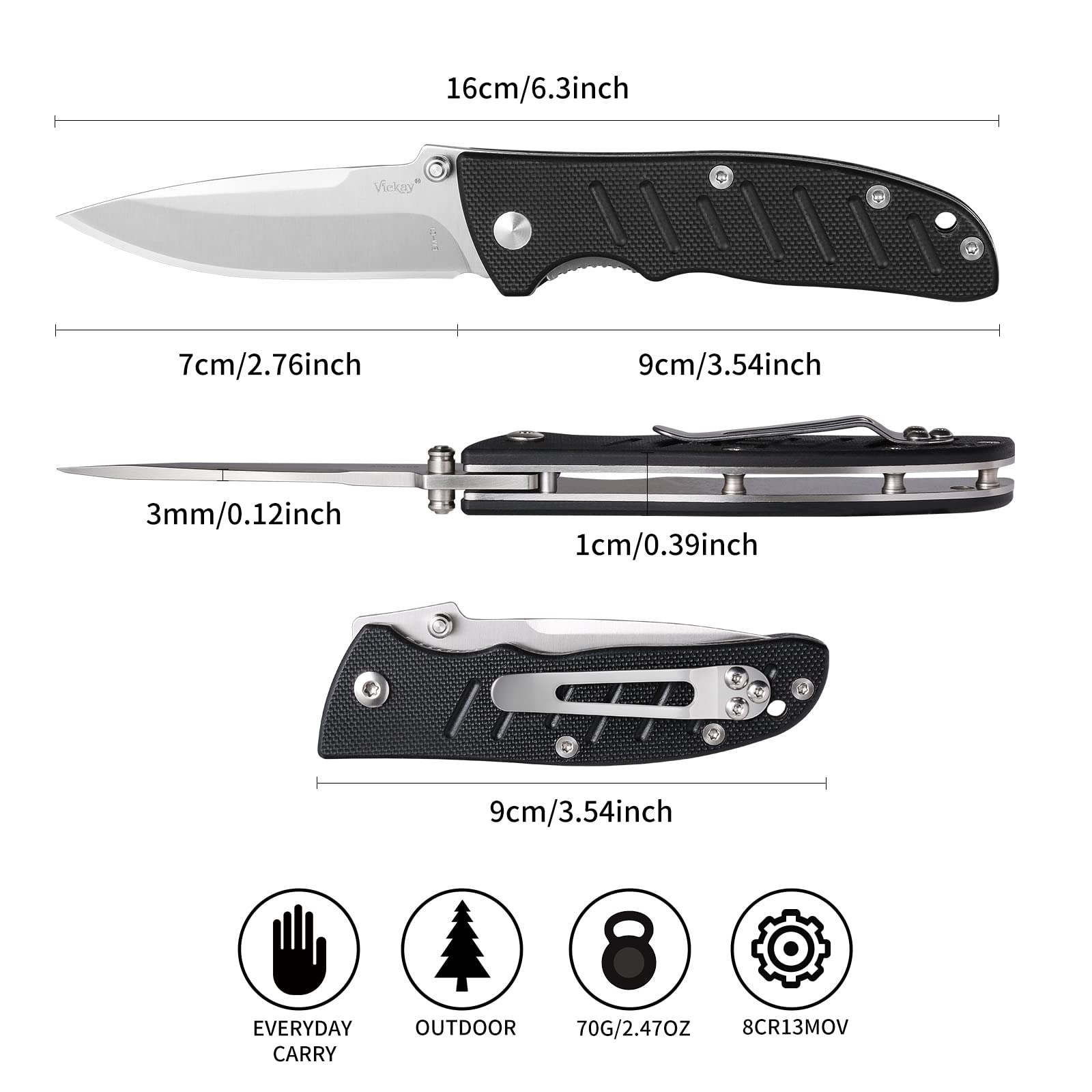 Vickay Folding Pocket Knife for Men, Sharp 8Cr13MoV Steel Blade, Lightweight G10 Handle, Ideal for Camping, Hiking, Fishing, and Everyday Carry, Black