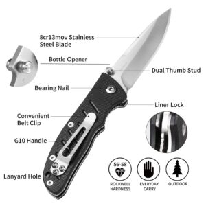 Vickay Folding Pocket Knife for Men, Sharp 8Cr13MoV Steel Blade, Lightweight G10 Handle, Ideal for Camping, Hiking, Fishing, and Everyday Carry, Black