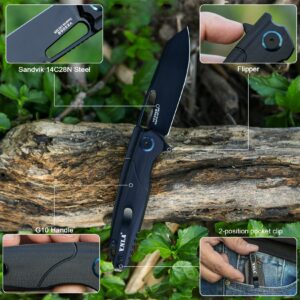 VNLA Folding pocket Knife,Black Sandvik 14C28N Blade, Black G10 Handle,Lightweight for Indoor Outdoor Gift EDC
