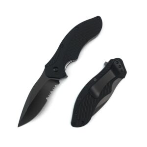 black serrated folding pocket knife, 3" 8cr13mov steel blade with glass-filled nylon handle, reversible pocketclip liner lock, flipper assisted opening knife for everyday carry