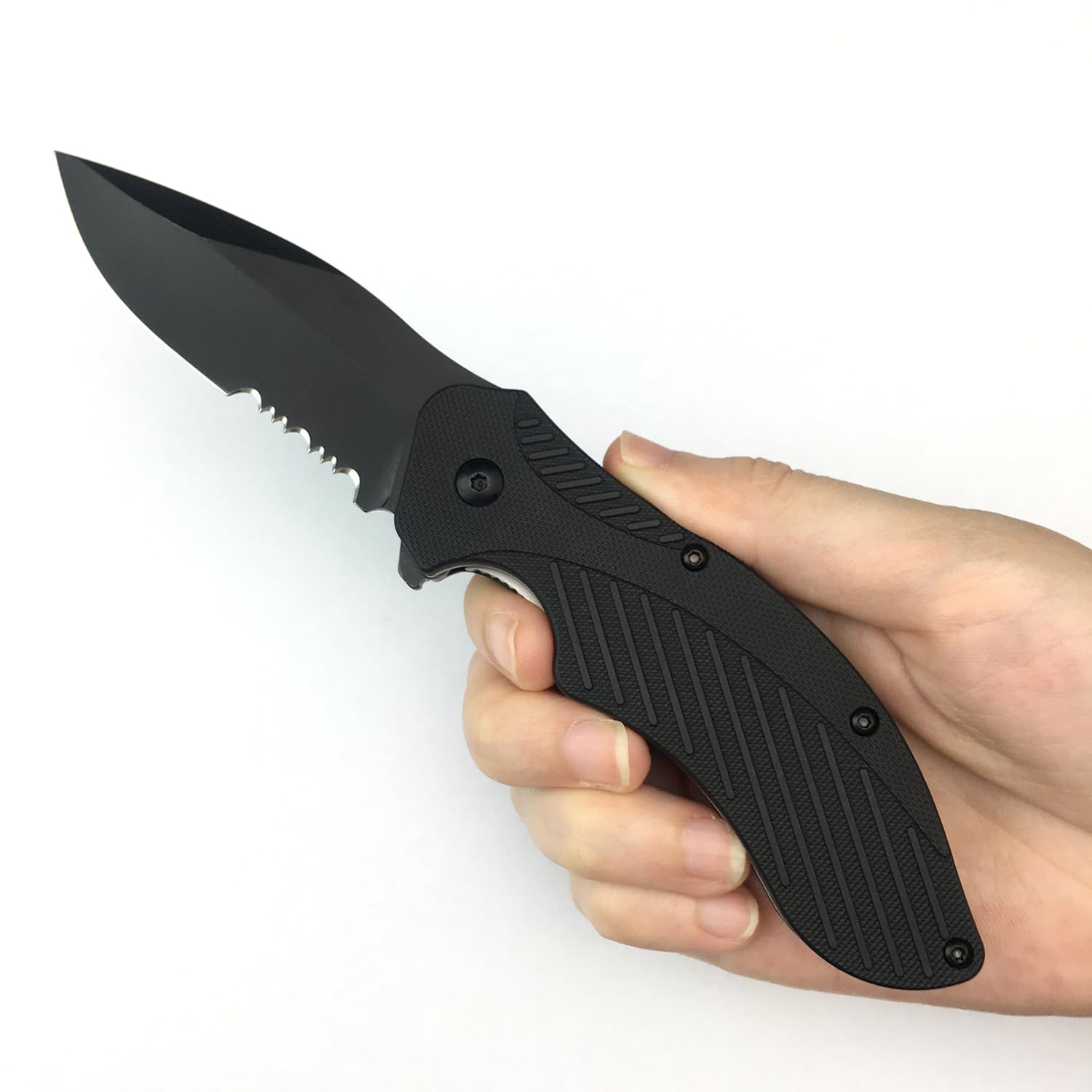 Black Serrated Folding Pocket Knife, 3" 8Cr13MoV Steel Blade with Glass-Filled Nylon Handle, Reversible Pocketclip Liner Lock, Flipper Assisted Opening Knife for Everyday Carry