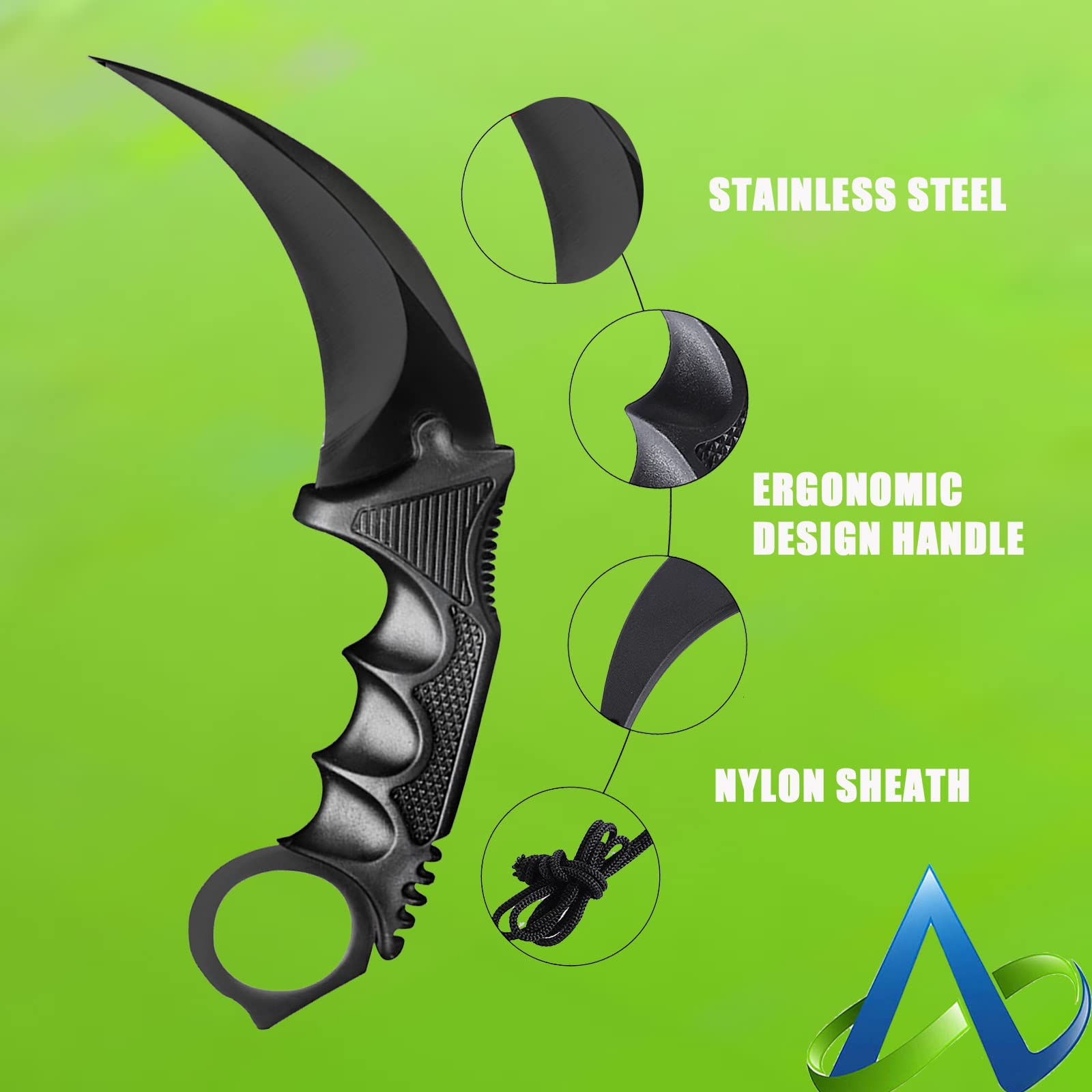 AOMINGGE Karambit Knife 2 Pieces Fixed Blade Stainless Steel Outdoor Hunting Knife with Sheath and Cord, Suitable for Hiking, Adventure, Survival and Collection (Black)