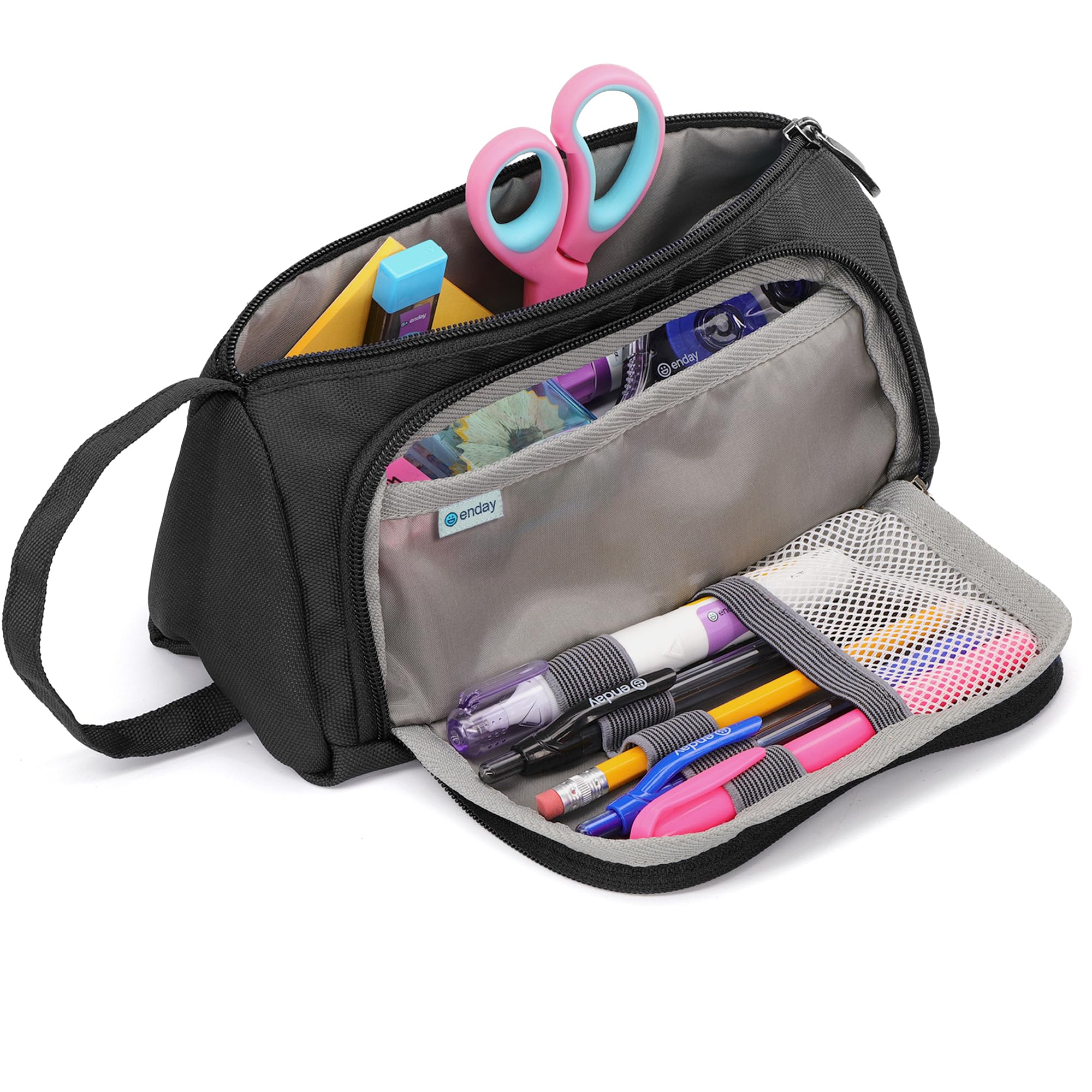 Enday Big Capacity Pencil Case, 3 Compartments Pencil Bags with Zipper, Large Capacity Pencil Pouch, Cute Pencil Case Organizer, Zipper Pencil Pouches, Black