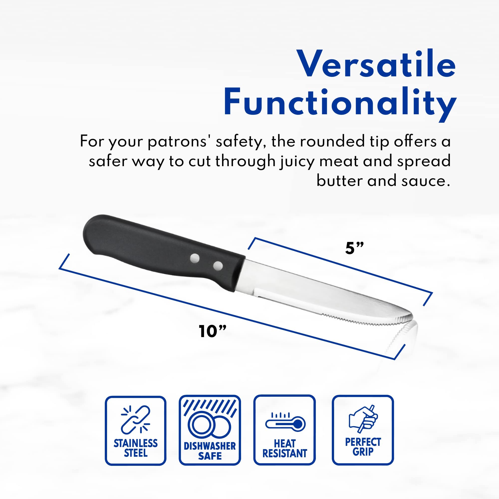 New Star Foodservice 539014 10-Inch Steak Knife, 5-Inch Rounded Serrated Blade with Plastic Handle, Jumbo, Set of 12