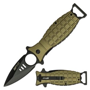 mtech usa – spring assisted folding knife – black stainless steel blade, green aluminum grenade style handle w/bottle opener and pocket clip, tactical, edc, self defense- mt-a588gn