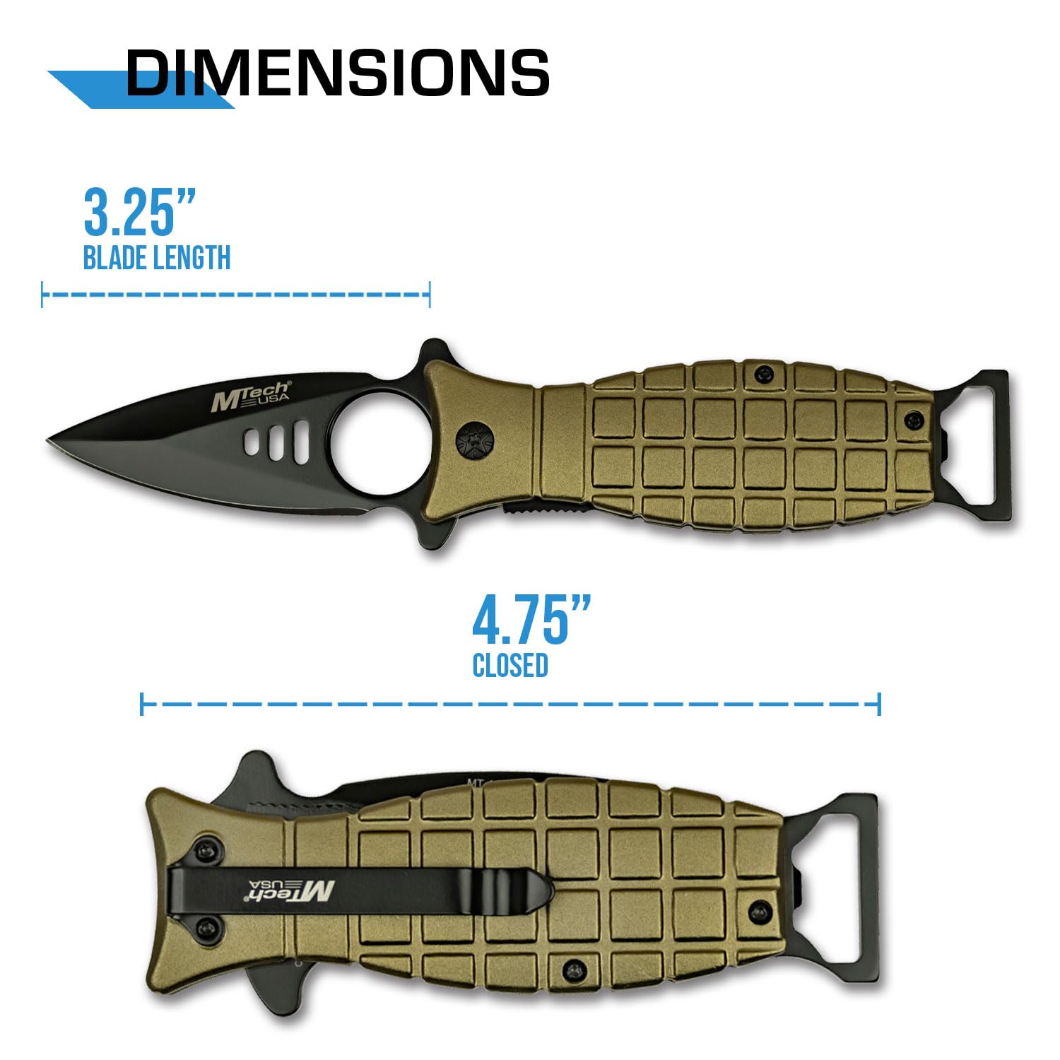 MTECH USA – Spring Assisted Folding Knife – Black Stainless Steel Blade, Green Aluminum Grenade Style Handle w/Bottle Opener and Pocket Clip, Tactical, EDC, Self Defense- MT-A588GN