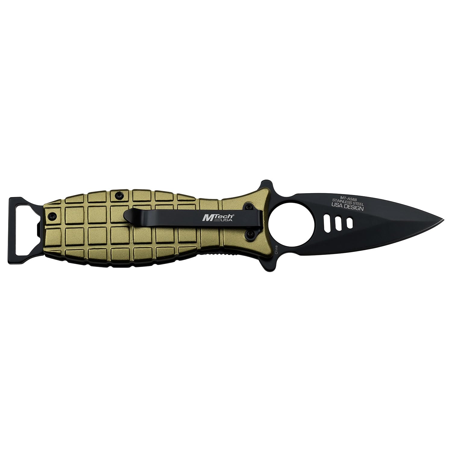 MTECH USA – Spring Assisted Folding Knife – Black Stainless Steel Blade, Green Aluminum Grenade Style Handle w/Bottle Opener and Pocket Clip, Tactical, EDC, Self Defense- MT-A588GN