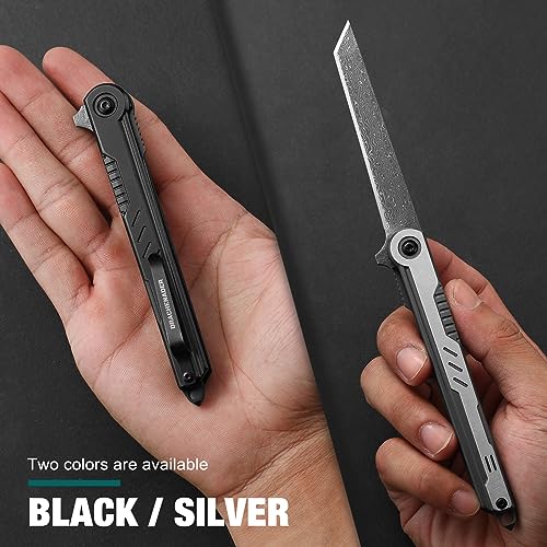 DRACHENADER 2 Set Tanto Knives (Black+Sliver) Slim Damascus Pocket Knife for Men/Women, Tanto Knife Gentleman's Pocket Knives Small EDC Knife