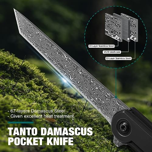 DRACHENADER 2 Set Tanto Knives (Black+Sliver) Slim Damascus Pocket Knife for Men/Women, Tanto Knife Gentleman's Pocket Knives Small EDC Knife