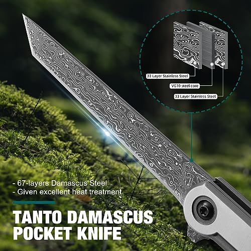 DRACHENADER 2 Set Tanto Knives (Black+Sliver) Slim Damascus Pocket Knife for Men/Women, Tanto Knife Gentleman's Pocket Knives Small EDC Knife