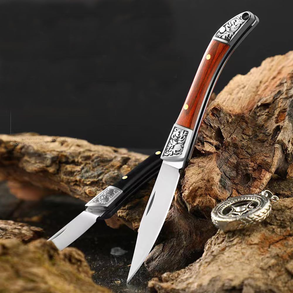 Lightweight Mini Folding Pocket Knife Carving Wooden Handle V Steel Blade Outdoors Camping Hunting Folding Knives Portable Keychain Gift for Men Women, Black