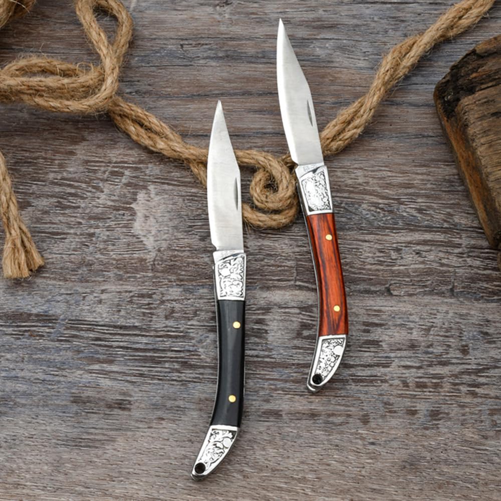 Lightweight Mini Folding Pocket Knife Carving Wooden Handle V Steel Blade Outdoors Camping Hunting Folding Knives Portable Keychain Gift for Men Women, Black