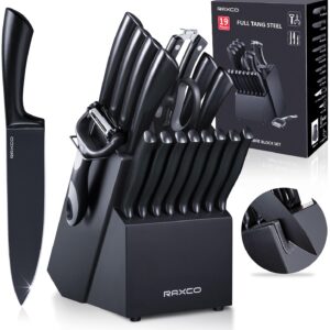 RAXCO Knife Block Set-Kitchen Knife Set,Knife Sets for Kitchen with Block & Sharpener,Black