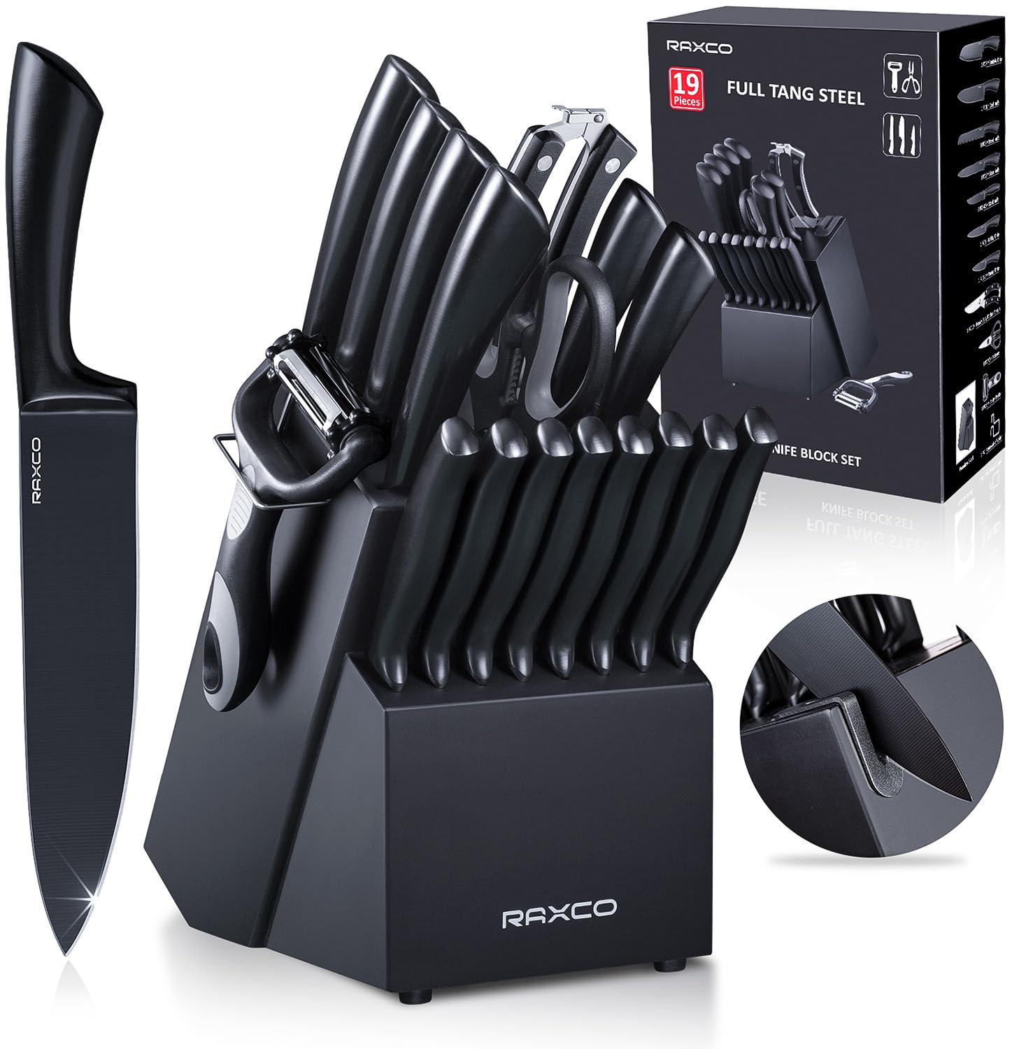 RAXCO Knife Block Set-Kitchen Knife Set,Knife Sets for Kitchen with Block & Sharpener,Black