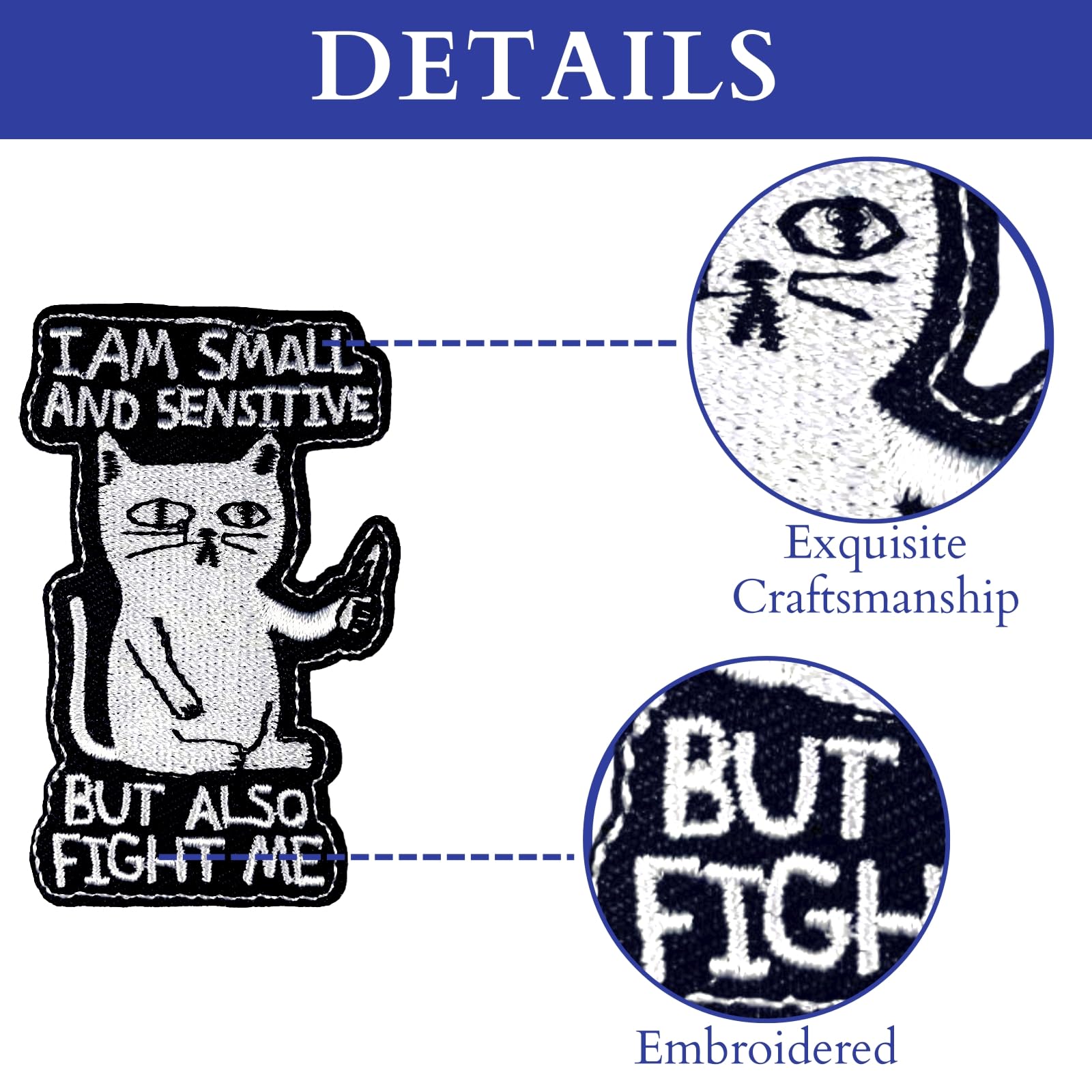 Obokata Iron On Patches, Black & White Cat Sew On Patch, Sensitive Cat with Knife Funny Applique Embroidered Patch for Jackets, Clothes, Hats, Backbags & Jeans.