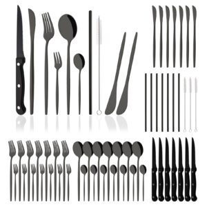 Uniturcky 62-Piece Black Flatware Set for 8 Stainless Steel Silverware Set with Steak Knives, Plus Reusable Metal Straws and Butter Knives, Party Tableware Cutlery Set, Mirror Polished