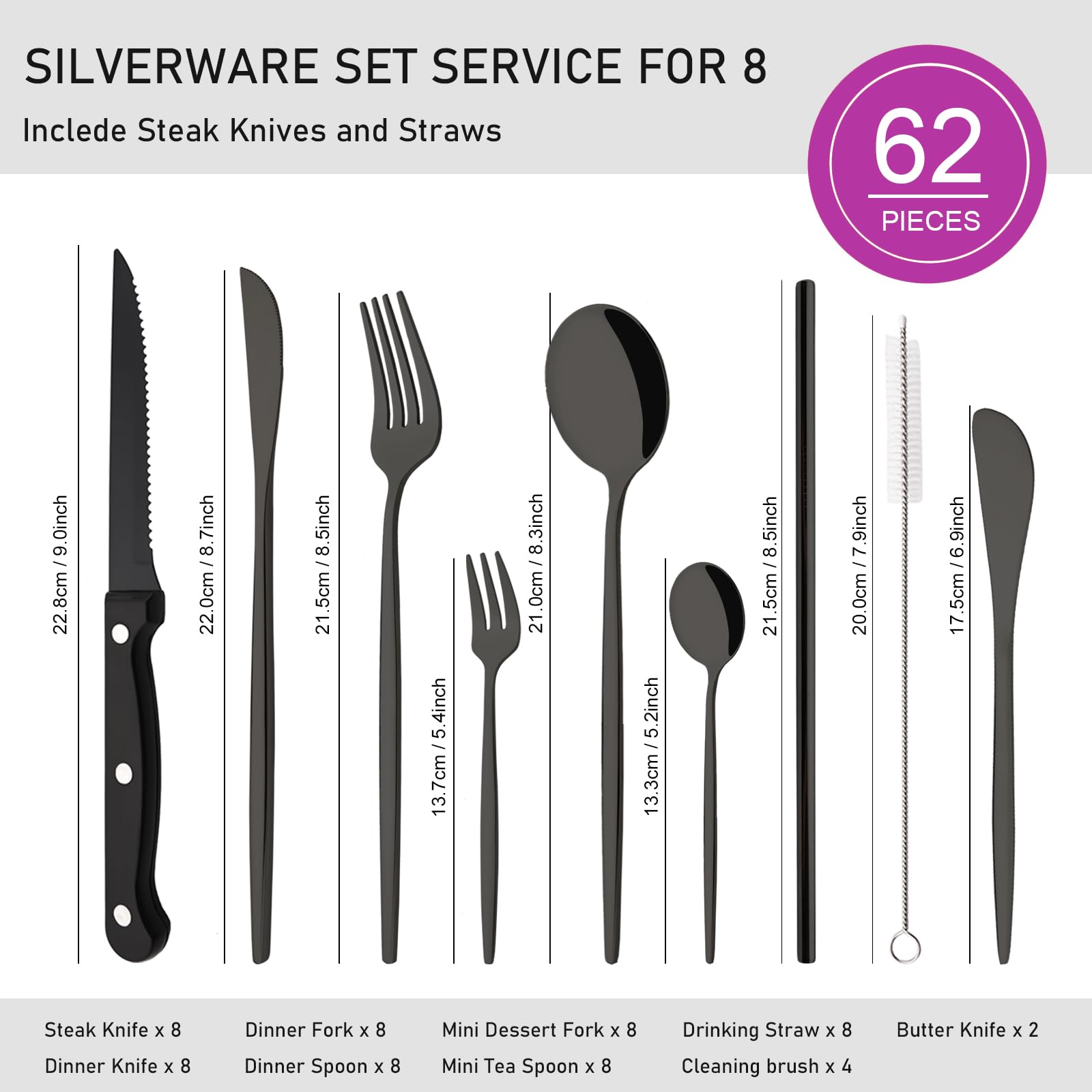 Uniturcky 62-Piece Black Flatware Set for 8 Stainless Steel Silverware Set with Steak Knives, Plus Reusable Metal Straws and Butter Knives, Party Tableware Cutlery Set, Mirror Polished