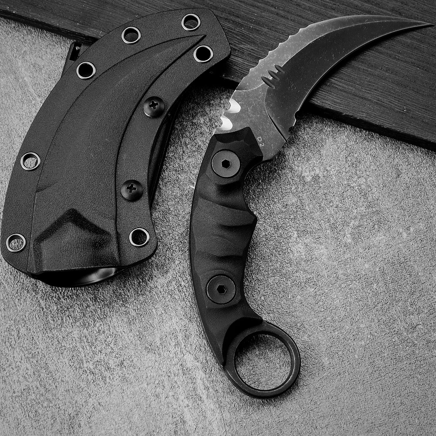 Gtkii GTK691 Fixed Blade Knife, D2 Steel Blade Nylon Fiberglass Handle Claw Knife with Kydex Sheath for Outdoor Camping Hunting Hiking Survival EDC Tool(Black)