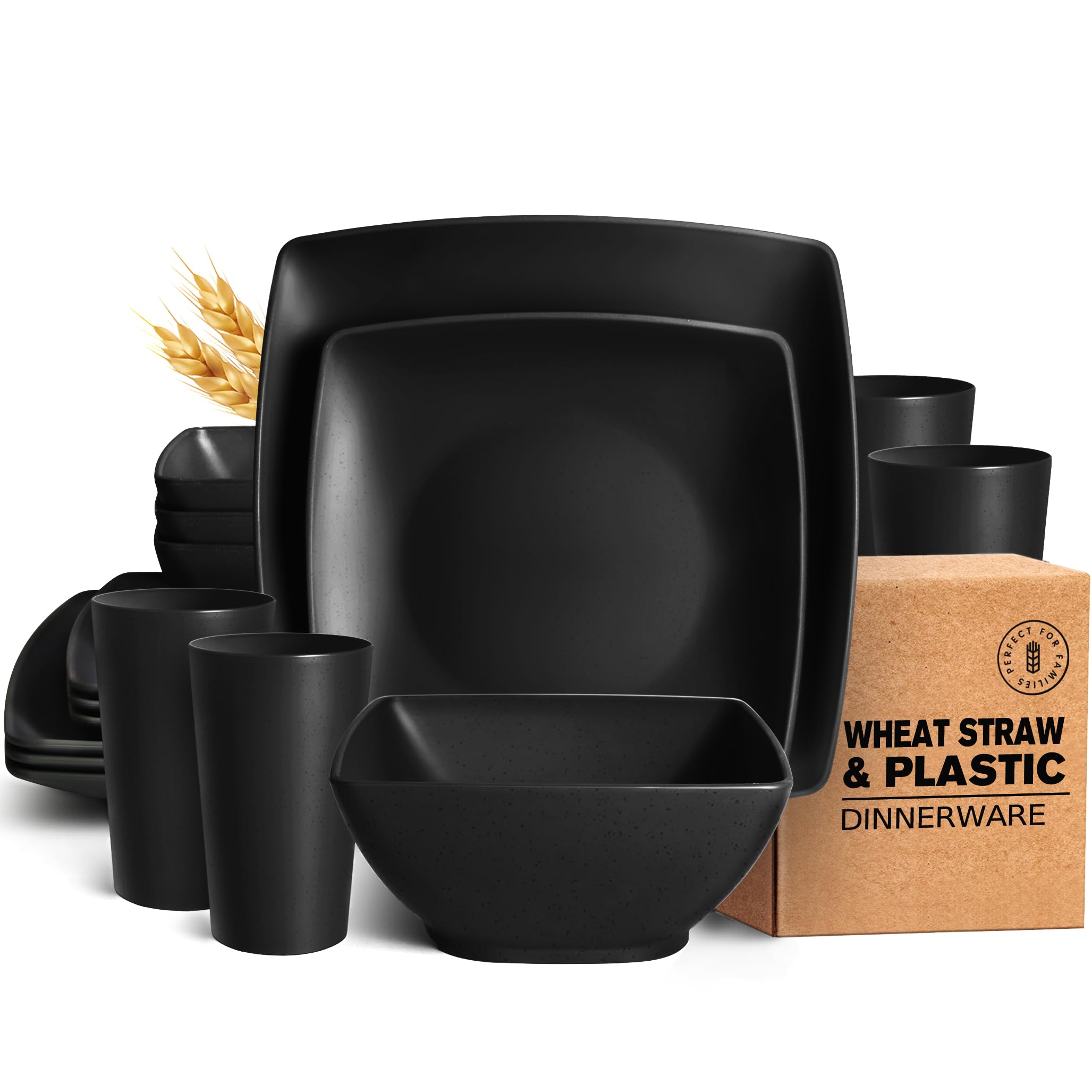 Teivio 16-piece Plastic Wheat Straw Square Dinnerware Set for 4, Unbreakable Dinner Plates, Salad Plates, Snack Bowls, Tumblers 20 oz, Dishwasher Safe, Black Matte