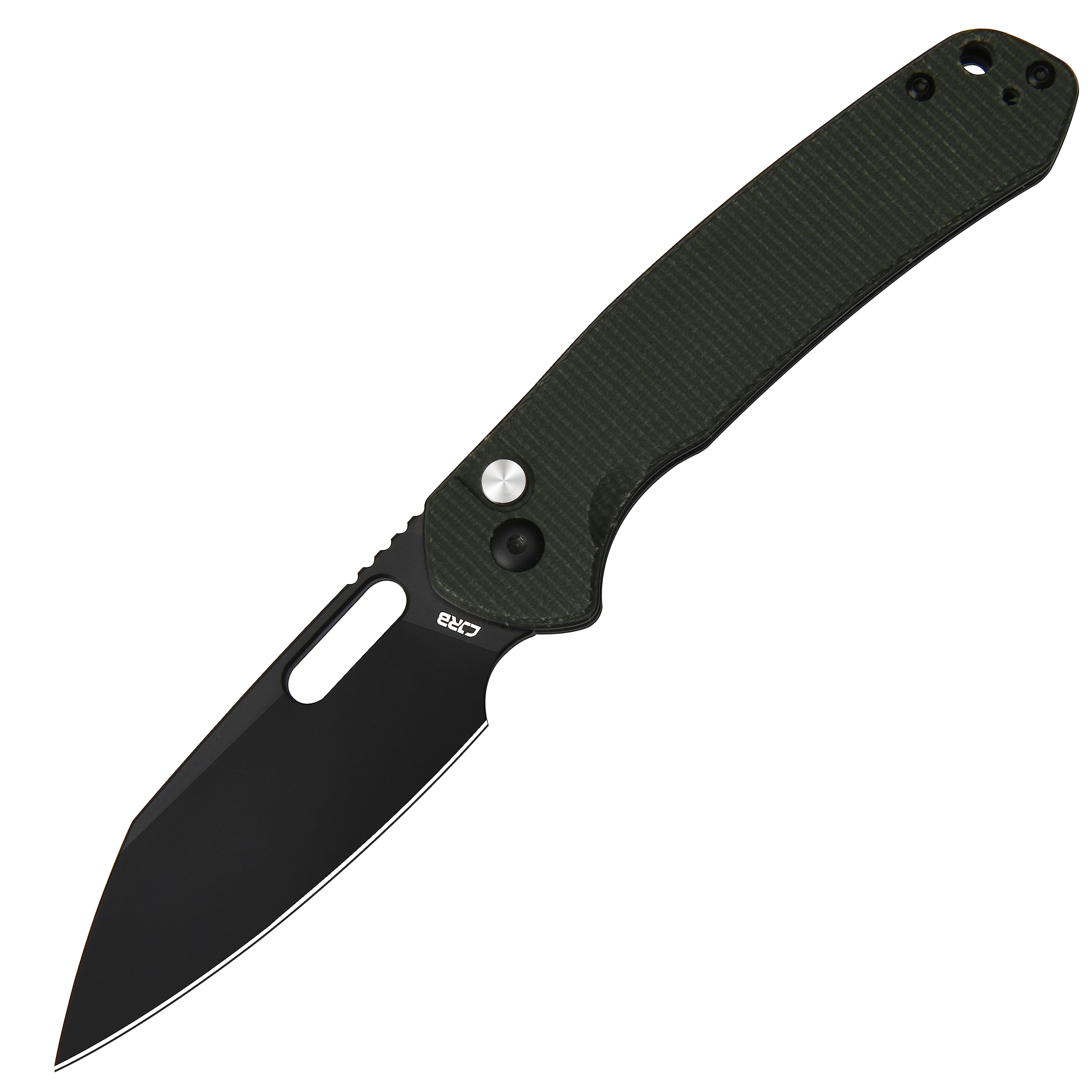 CJRB Pyrite-Alt (J1925A) Folding Pocket Knife with 3.11'' Black PVD AR-RPM9 Wharncliffe Blade Dark Green Micarta Handle,Button Lock EDC Knife with Thumb Hole for Tactical,Outdoor,Hiking and Gift