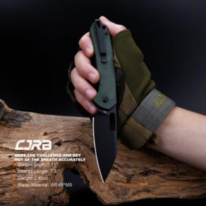 CJRB Pyrite-Alt (J1925A) Folding Pocket Knife with 3.11'' Black PVD AR-RPM9 Wharncliffe Blade Dark Green Micarta Handle,Button Lock EDC Knife with Thumb Hole for Tactical,Outdoor,Hiking and Gift