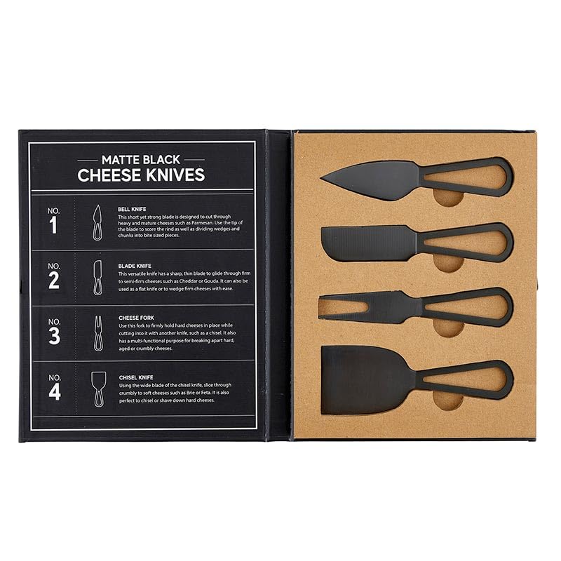 Santa Barbara Design Studio Cheese Knives Gift Set White & Black Cardboard Book Gifts, 4-Pieces, Matte Black