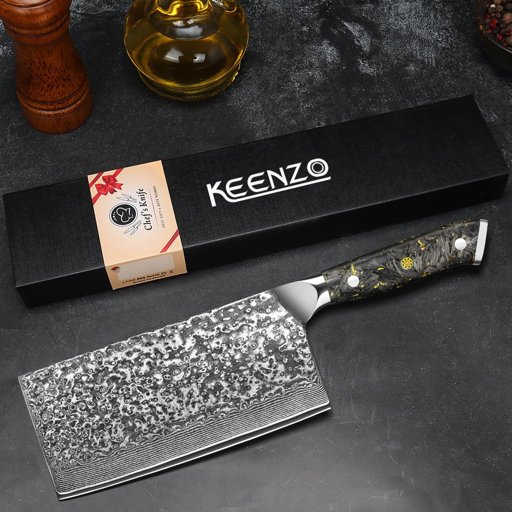 KEENZO Damascus Meat cleaver knife 7 inch, Professional kitchen knife, sharp Chinese chef knife. Hand forged high-carbon stainless steel butcher knife. Ergonomic Full-Tang handle with gift box ﻿