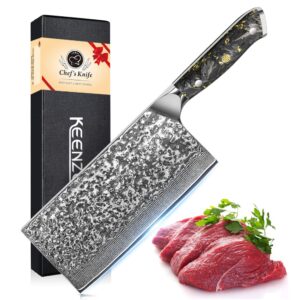 KEENZO Damascus Meat cleaver knife 7 inch, Professional kitchen knife, sharp Chinese chef knife. Hand forged high-carbon stainless steel butcher knife. Ergonomic Full-Tang handle with gift box ﻿