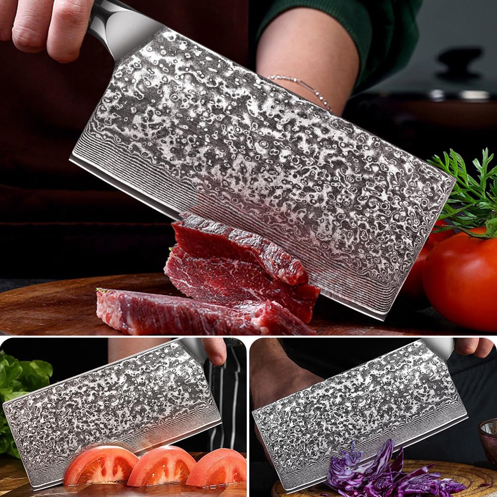 KEENZO Damascus Meat cleaver knife 7 inch, Professional kitchen knife, sharp Chinese chef knife. Hand forged high-carbon stainless steel butcher knife. Ergonomic Full-Tang handle with gift box ﻿