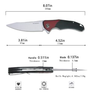 KERZEMAN Pocket Folding Knife, 3.81 "Stonewashed D2 Blade G10 Handle, Liner Lock,Pocket Knife With Clip,Good For EDC Outdoor knives,Camping Survival Hiking Knife KZ-658-G10-BLACK(RED)