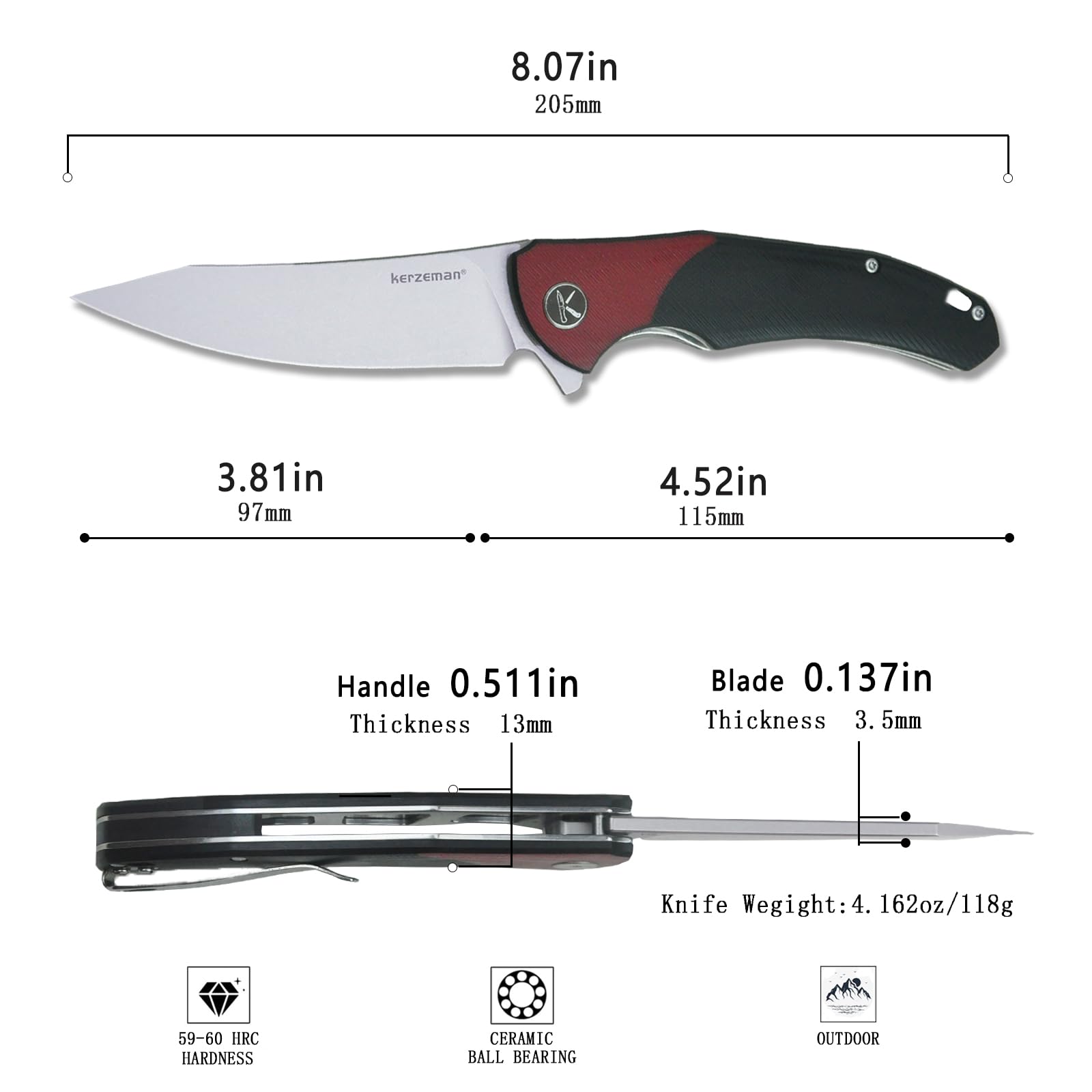 KERZEMAN Pocket Folding Knife, 3.81 "Stonewashed D2 Blade G10 Handle, Liner Lock,Pocket Knife With Clip,Good For EDC Outdoor knives,Camping Survival Hiking Knife KZ-658-G10-BLACK(RED)