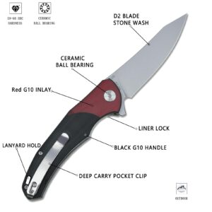 KERZEMAN Pocket Folding Knife, 3.81 "Stonewashed D2 Blade G10 Handle, Liner Lock,Pocket Knife With Clip,Good For EDC Outdoor knives,Camping Survival Hiking Knife KZ-658-G10-BLACK(RED)