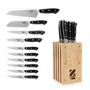 dash zakarian by dash 11-piece german steel kitchen knife set with 7" chef, 5" santoku, 5" serrated utility, 3.5" paring, 6 steak knives and magnetic bamboo knife block, black