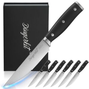 Dingerkit Steak Knives Set of 6, Black Steak Knives - Serrated High Carbon Stainless Steel Steak Knife Set for Dinner Knives Set with Gift Box, 5″ Inches