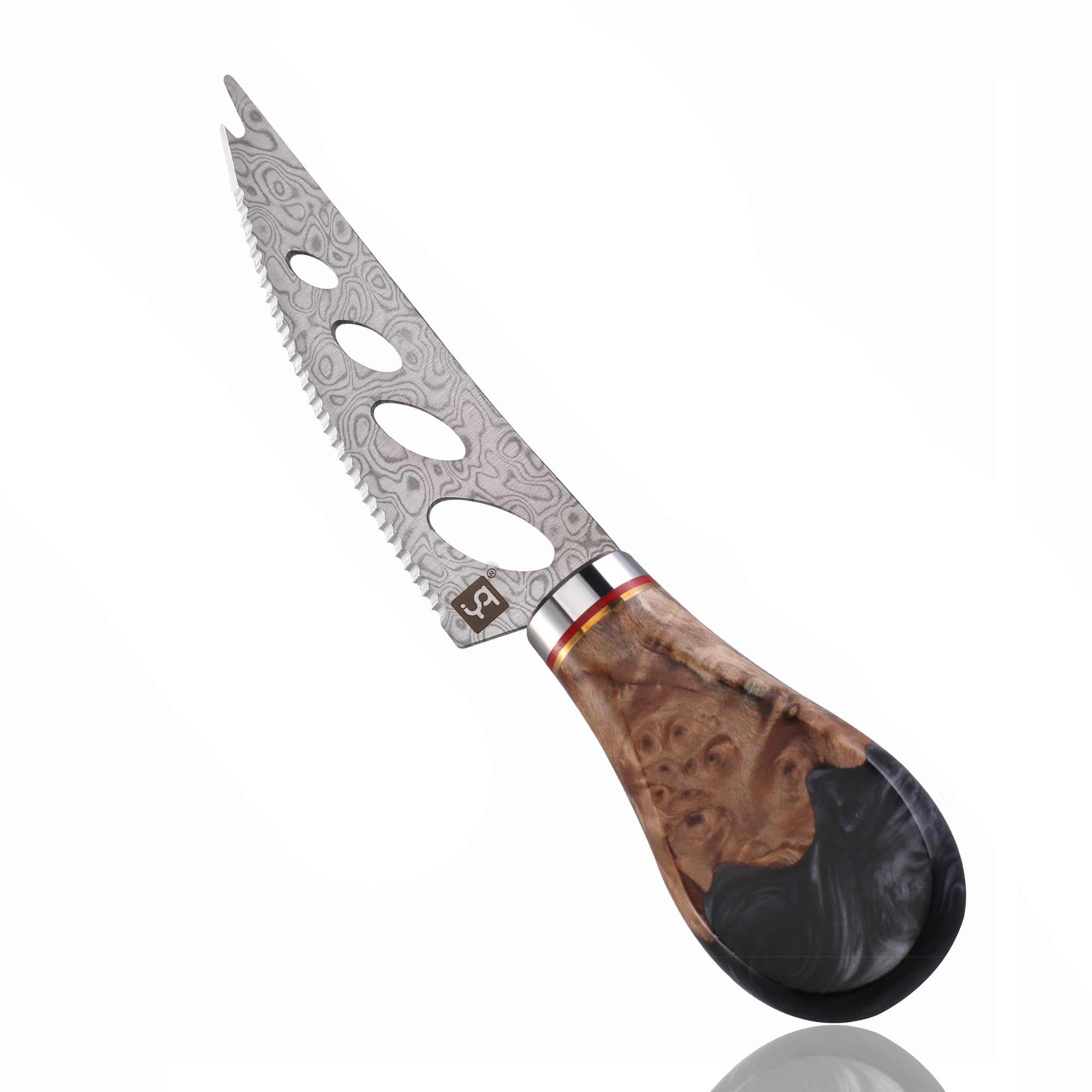 yq Upgrade Damascus Cheese Knife for Charcuterie Board, Multipurpose Pronged Knife Small Cheese Cutter,Beautiful Black Resin and Shadow Wooden Handle,Gift Box