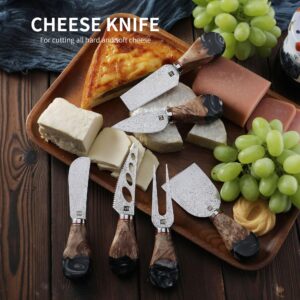 yq Upgrade Damascus Cheese Knife for Charcuterie Board, Multipurpose Pronged Knife Small Cheese Cutter,Beautiful Black Resin and Shadow Wooden Handle,Gift Box