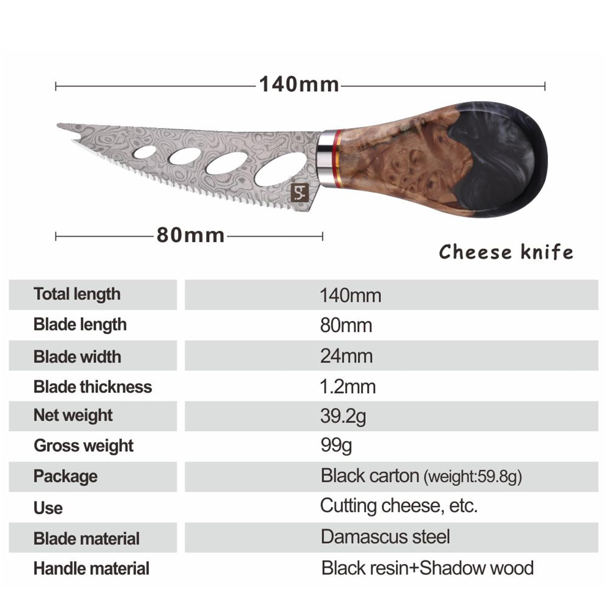 yq Upgrade Damascus Cheese Knife for Charcuterie Board, Multipurpose Pronged Knife Small Cheese Cutter,Beautiful Black Resin and Shadow Wooden Handle,Gift Box