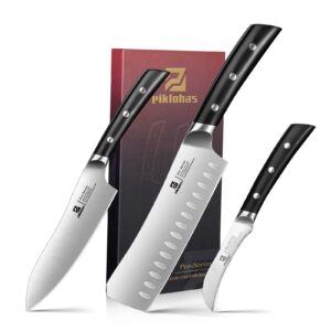 Piklohas Kitchen Knife Set, 3 Piece German High Carbon Stainless Steel Professional Chef Knife, Nakiri Knife, Bird Knife, Razor Sharp Cutting Knife With Forged Ergonomic Handle Elegant Gift Box