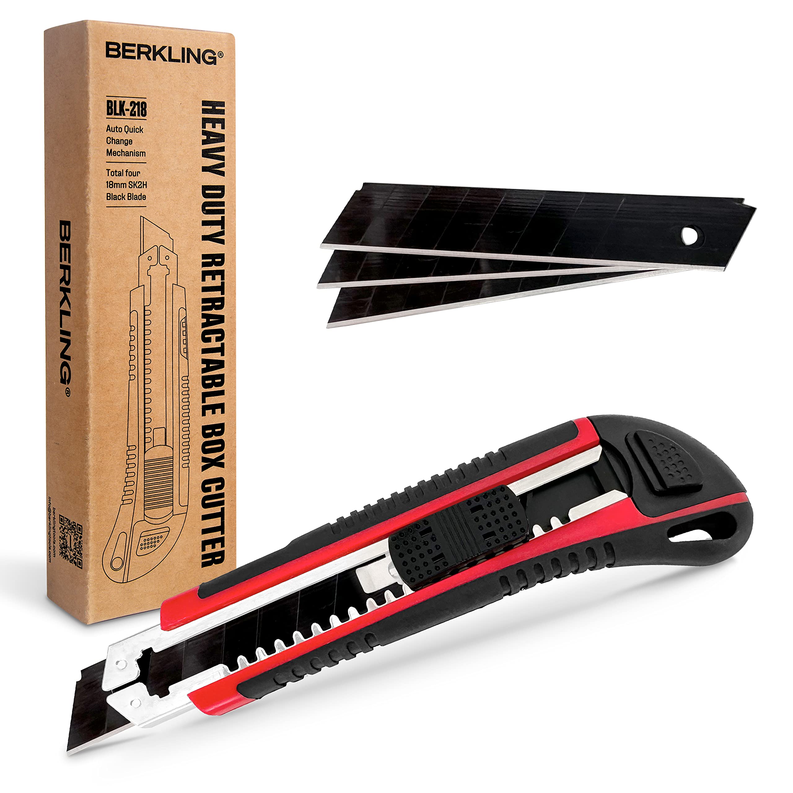 Berkling 18mm Retractable Utility Knife with 4x SK2H Snap Off Black Spare Blades, Durable Heavy Duty Aluminum Frame, Perfect for Box Cutter, Carpet Cutter, and Other Crafts & DIY Projects