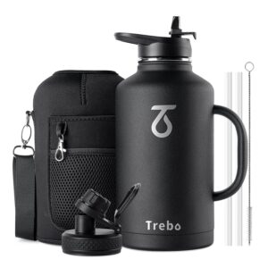 trebo 64oz water bottle insulated with straw & 2 lids,half gallon double wall vacuum stainless steel metal large jug with handle,wide mouth flask mug with carry pouch,keep cold hot,black
