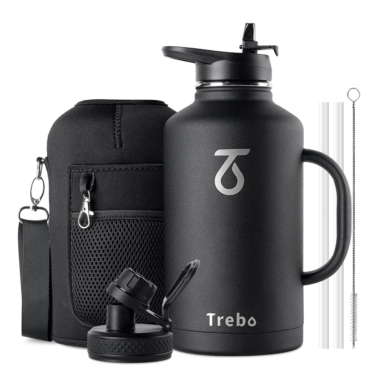 Trebo 64oz Water Bottle Insulated with Straw & 2 Lids,Half Gallon Double Wall Vacuum Stainless Steel Metal Large Jug with Handle,Wide Mouth Flask Mug with Carry Pouch,Keep Cold Hot,Black