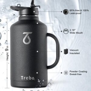 Trebo 64oz Water Bottle Insulated with Straw & 2 Lids,Half Gallon Double Wall Vacuum Stainless Steel Metal Large Jug with Handle,Wide Mouth Flask Mug with Carry Pouch,Keep Cold Hot,Black