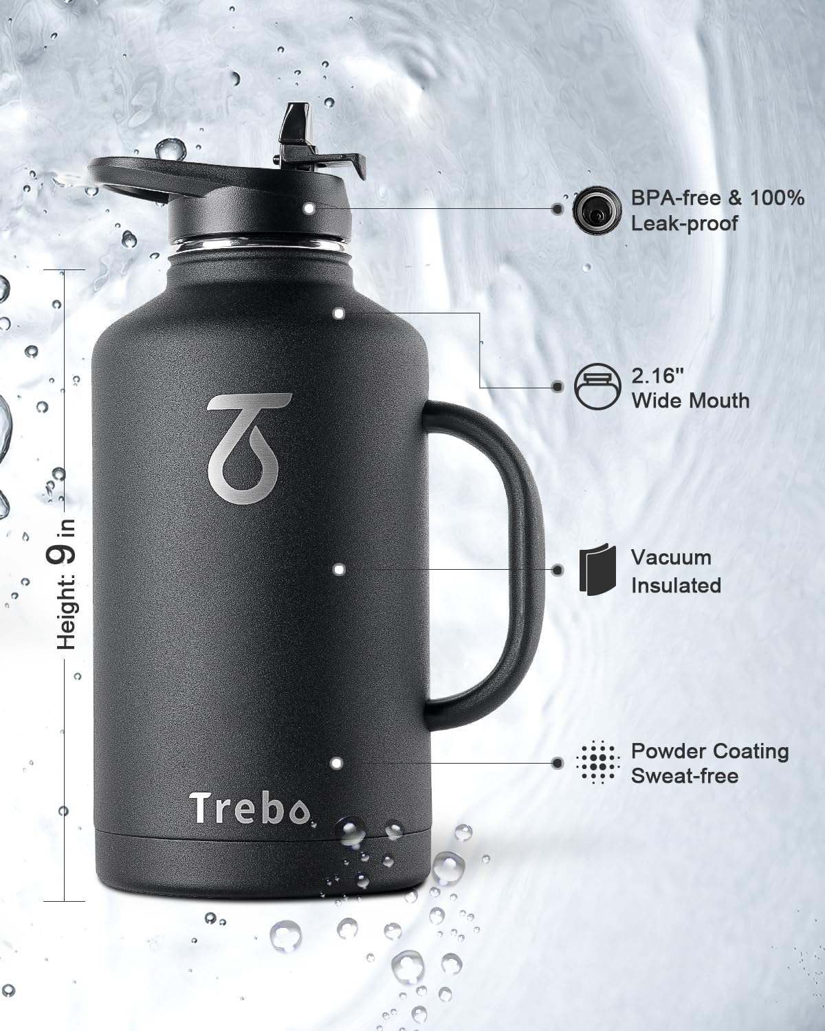 Trebo 64oz Water Bottle Insulated with Straw & 2 Lids,Half Gallon Double Wall Vacuum Stainless Steel Metal Large Jug with Handle,Wide Mouth Flask Mug with Carry Pouch,Keep Cold Hot,Black