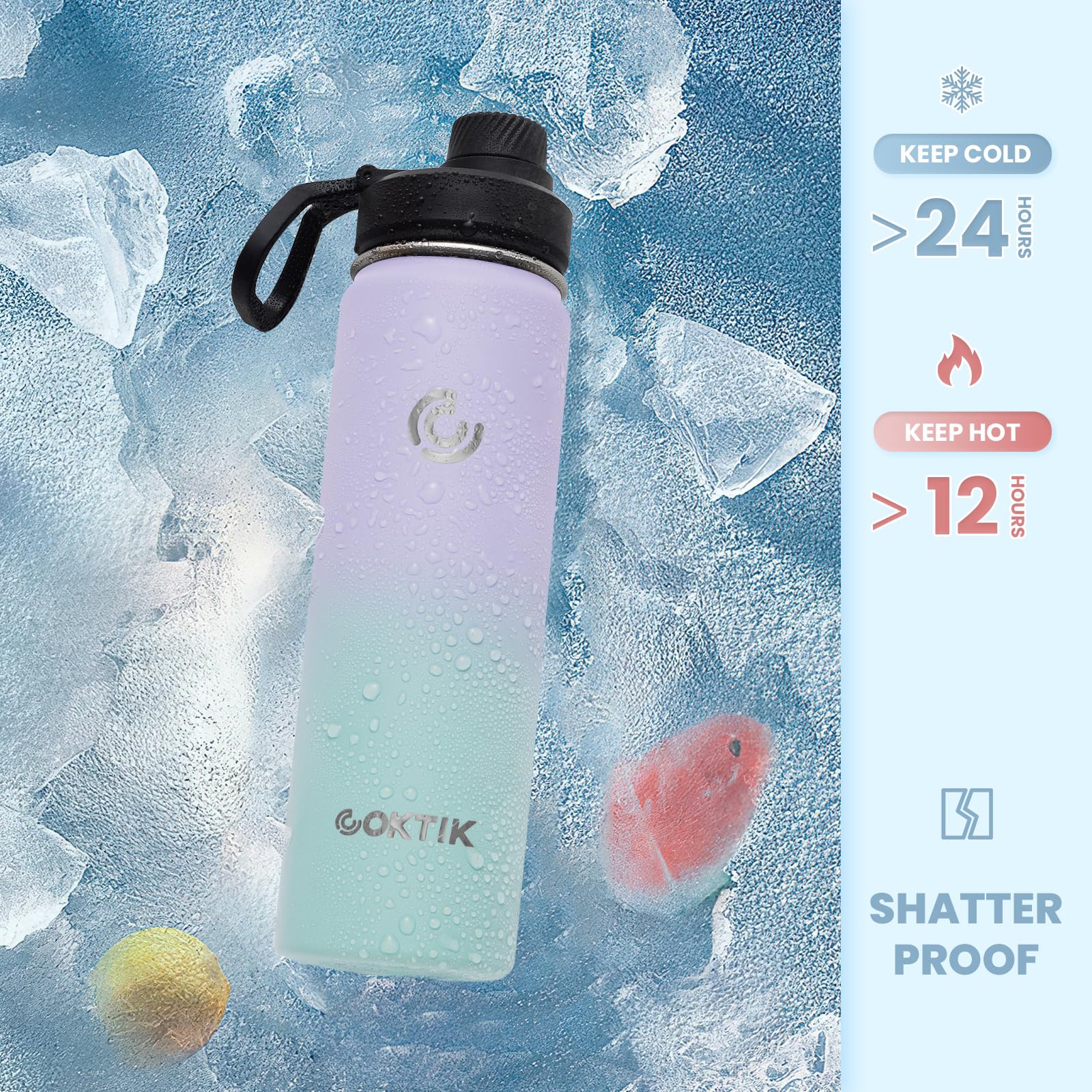 COKTIK Insulated Stainless Steel Water Bottle With Straw Lid, 22 oz Wide Mouth Double Wall Vacuum Insulated Water Bottle Leakproof Lightweight for Hiking, Biking, Running(Sweet Candy)