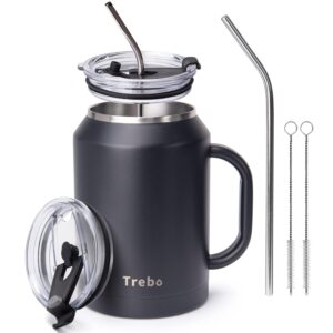 trebo 50 oz stainless steel mug tumbler with handle, vacuum insulated large iced coffee cup with lids and straws,reusable water bottle trave flask jug keeps drinks cold up to 36 hrs,sweat proof,black