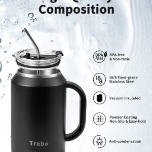 Trebo 50 oz Stainless Steel Mug Tumbler with Handle, Vacuum Insulated Large Iced Coffee Cup with Lids and Straws,Reusable Water Bottle Trave Flask Jug Keeps Drinks Cold up to 36 Hrs,Sweat Proof,Black