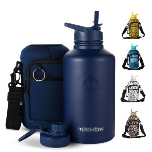 thermosis 64 oz insulated water bottle stainless steel water bottle with straw & holder strap - includes 2 lids water bottles - leak proof coldest water bottle for men & women - navy blue