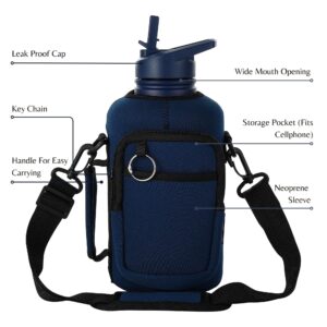 Thermosis 64 Oz insulated water bottle Stainless Steel Water Bottle with Straw & Holder Strap - Includes 2 Lids water bottles - Leak Proof coldest water bottle for Men & Women - Navy Blue